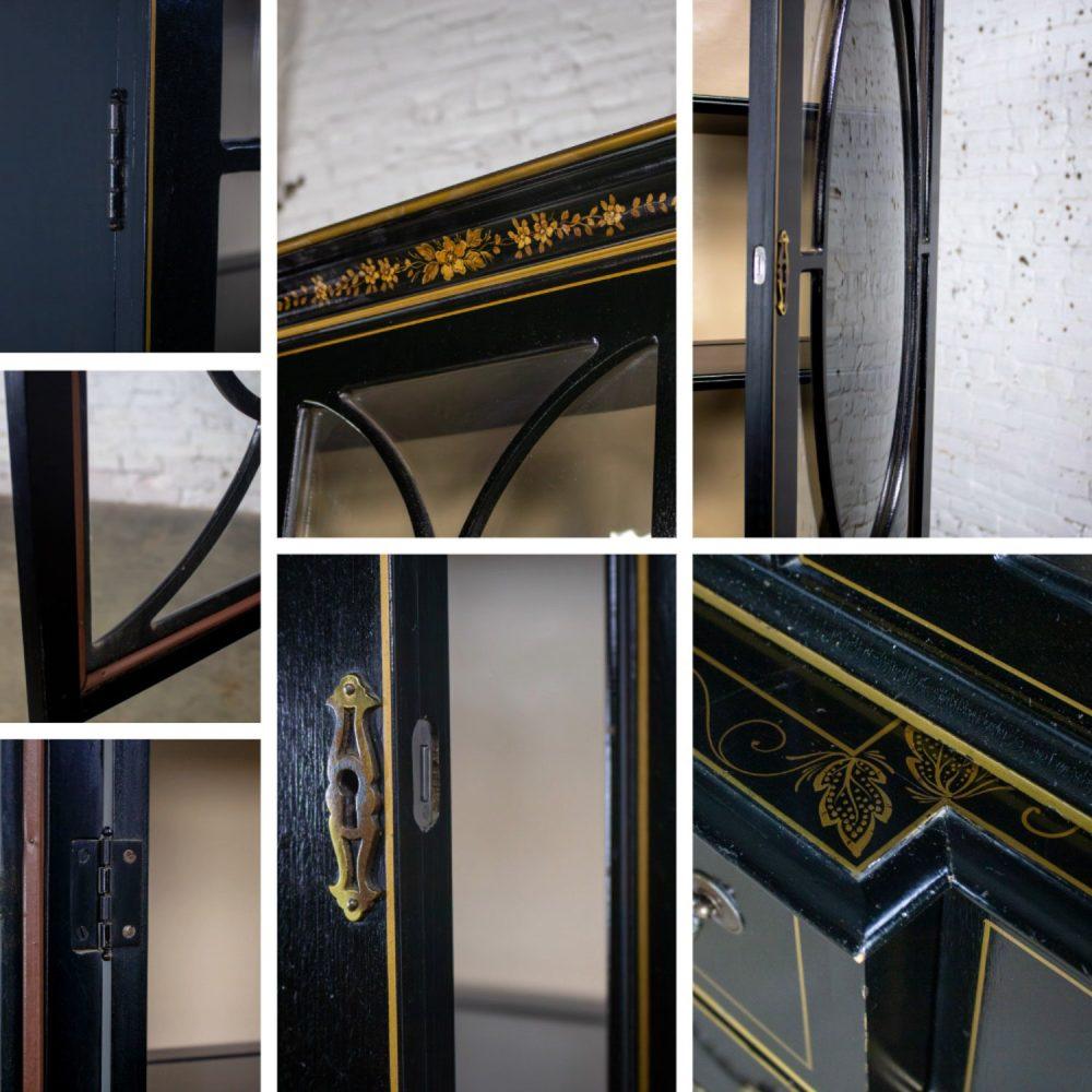 Mid-20th Century Chinoiserie Breakfront China Cabinet or Drop Front Secretary Bookcase Black Lacquer & Hand Painted Details
