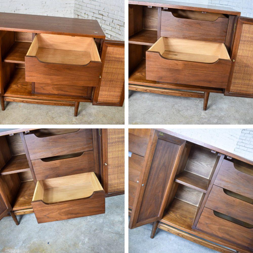 Mid-20th Century Mid-Century Modern Dresser American of Martinsville Accord Walnut & Cane w/ X’s & Asymmetric Handles