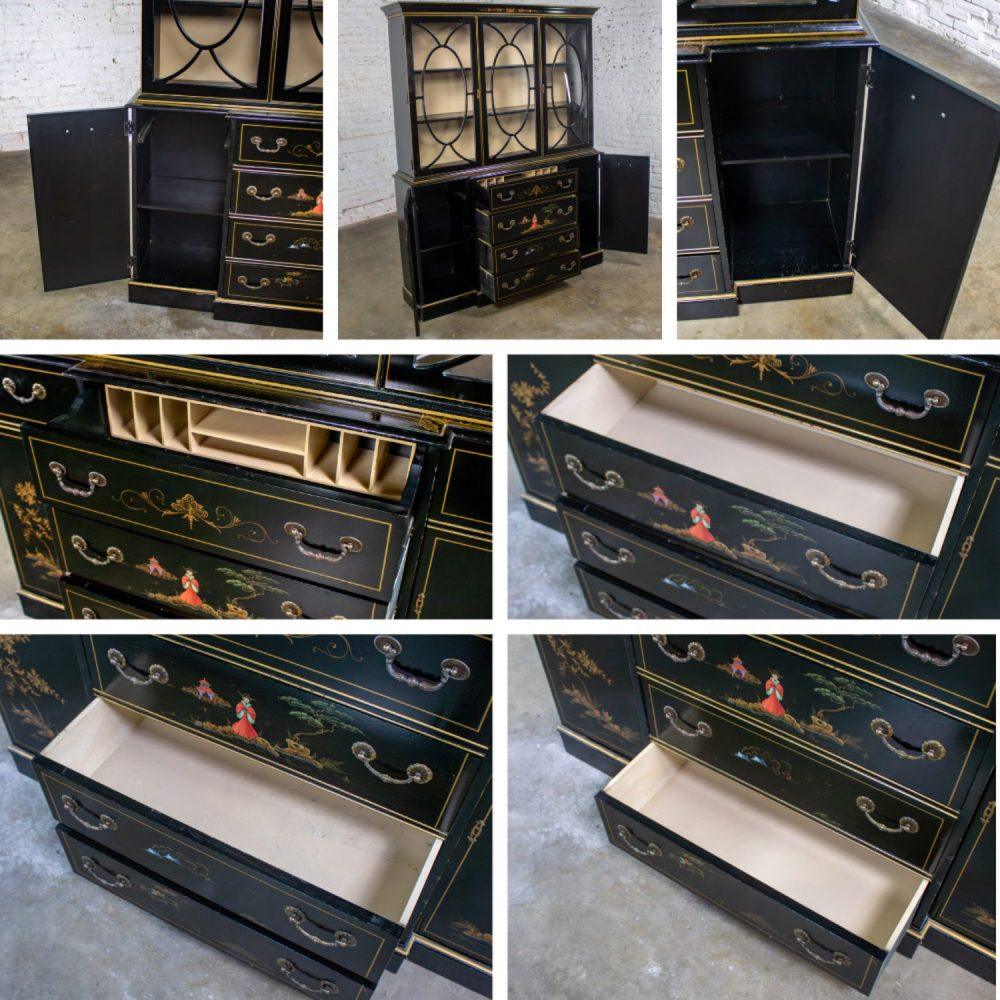 Mid-20th Century Chinoiserie Breakfront China Cabinet or Drop Front Secretary Bookcase Black Lacquer & Hand Painted Details
