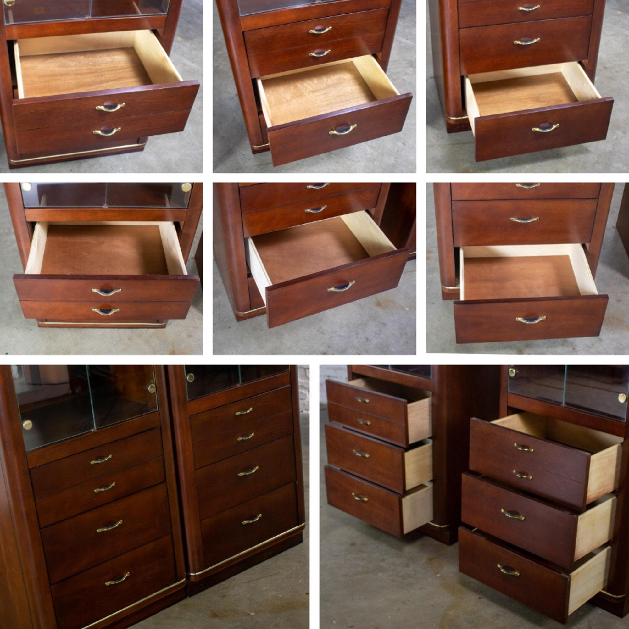 Late 20th Century Modern Pair Lighted Display Cabinets by Bassett Furniture Cherrywood & Brass