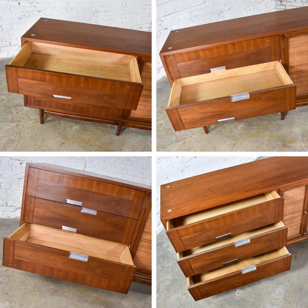 Mid-20th Century Mid-Century Modern Dresser American of Martinsville Accord Walnut & Cane w/ X’s & Asymmetric Handles