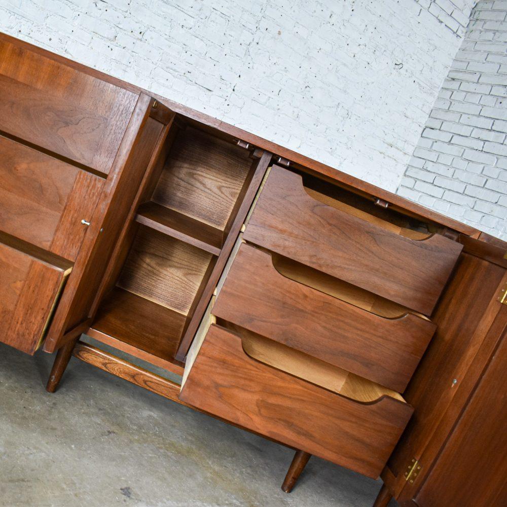 Mid-20th Century Mid-Century Modern Dresser American of Martinsville Accord Walnut & Cane w/ X’s & Asymmetric Handles