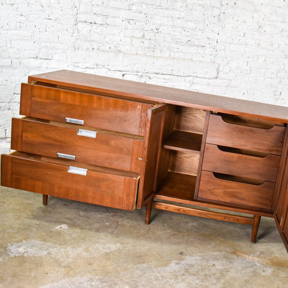 Mid-20th Century Mid-Century Modern Dresser American of Martinsville Accord Walnut & Cane w/ X’s & Asymmetric Handles