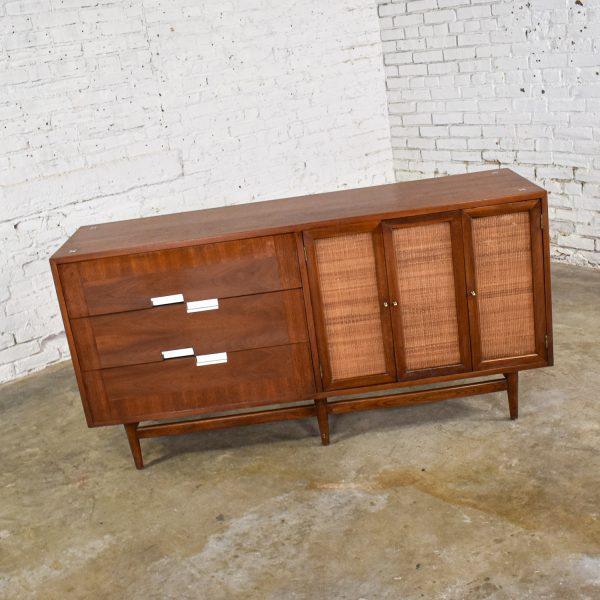 Mid-20th Century Mid-Century Modern Dresser American of Martinsville Accord Walnut & Cane w/ X’s & Asymmetric Handles