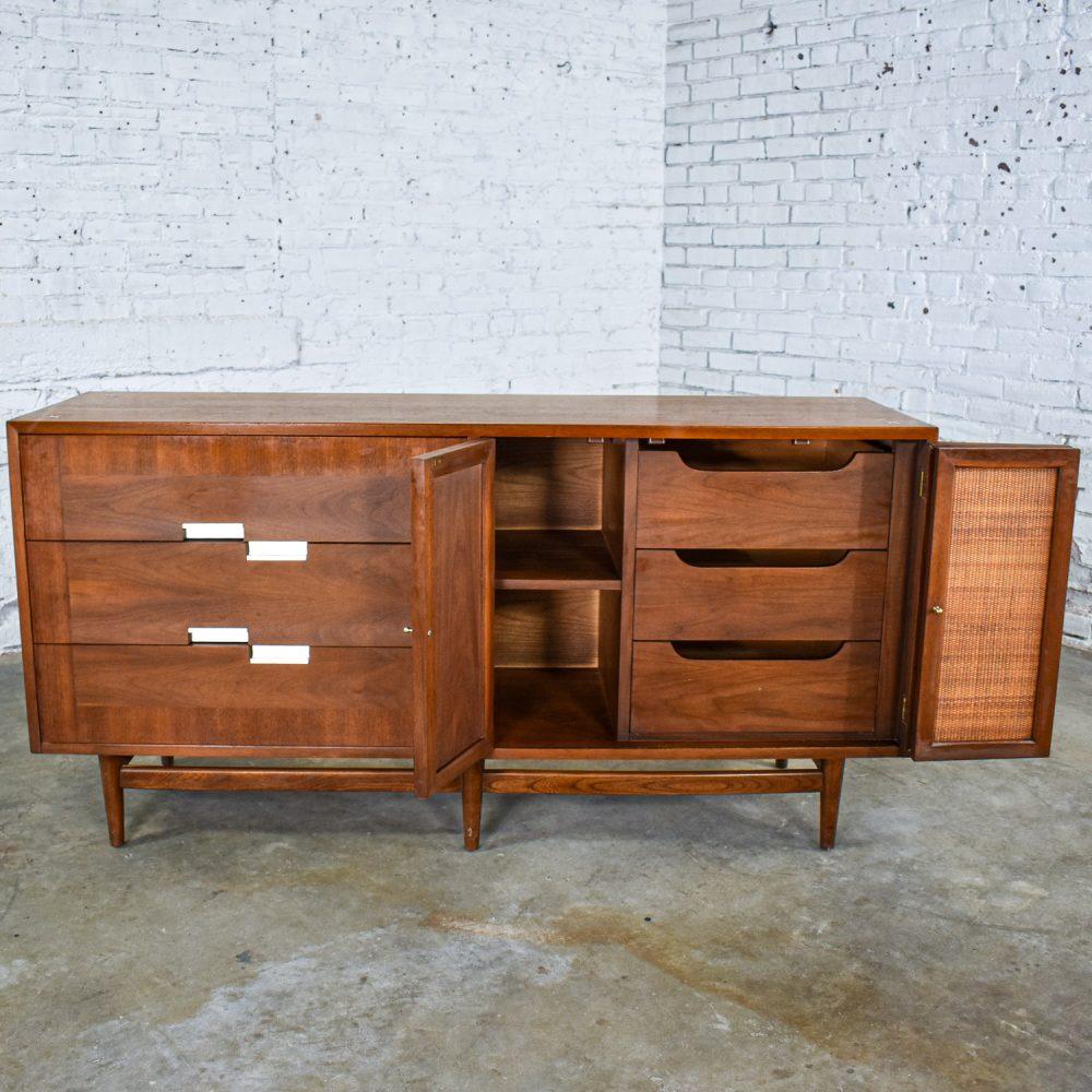 Mid-20th Century Mid-Century Modern Dresser American of Martinsville Accord Walnut & Cane w/ X’s & Asymmetric Handles