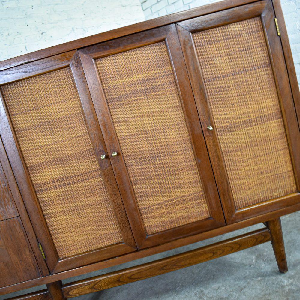 Mid-20th Century Mid-Century Modern Dresser American of Martinsville Accord Walnut & Cane w/ X’s & Asymmetric Handles
