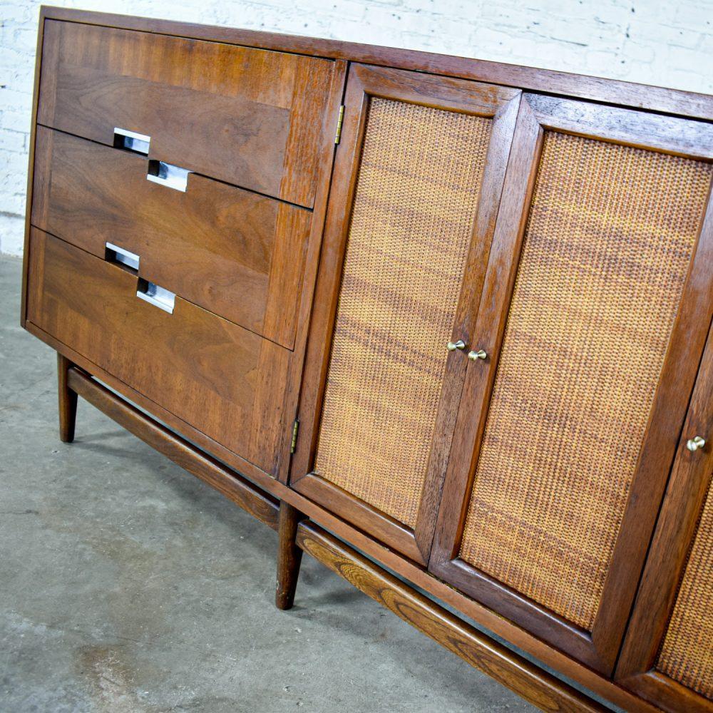 Mid-20th Century Mid-Century Modern Dresser American of Martinsville Accord Walnut & Cane w/ X’s & Asymmetric Handles