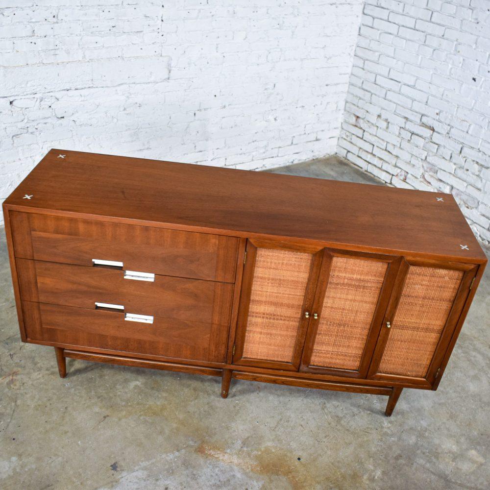 Mid-20th Century Mid-Century Modern Dresser American of Martinsville Accord Walnut & Cane w/ X’s & Asymmetric Handles