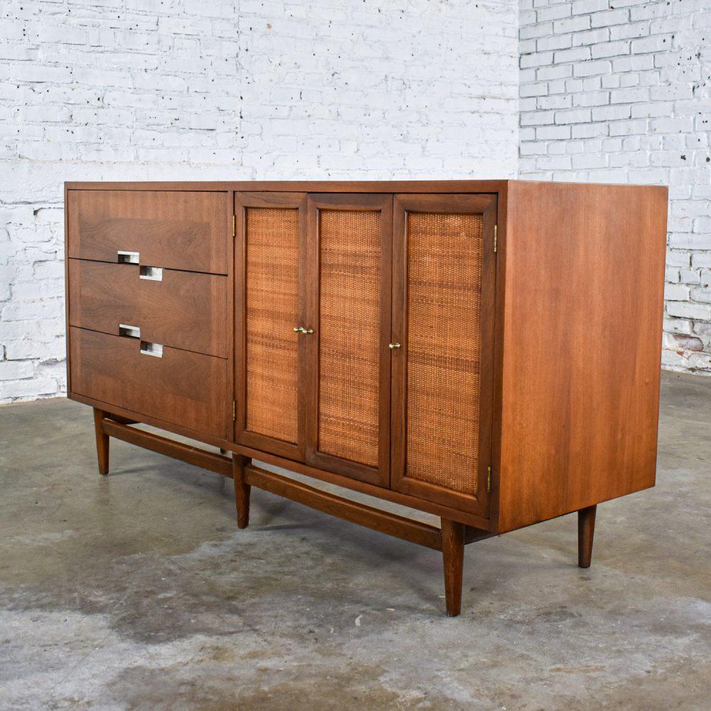 Mid-20th Century Mid-Century Modern Dresser American of Martinsville Accord Walnut & Cane w/ X’s & Asymmetric Handles
