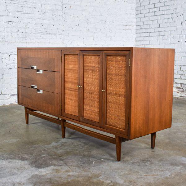 Mid-20th Century Mid-Century Modern Dresser American of Martinsville Accord Walnut & Cane w/ X’s & Asymmetric Handles