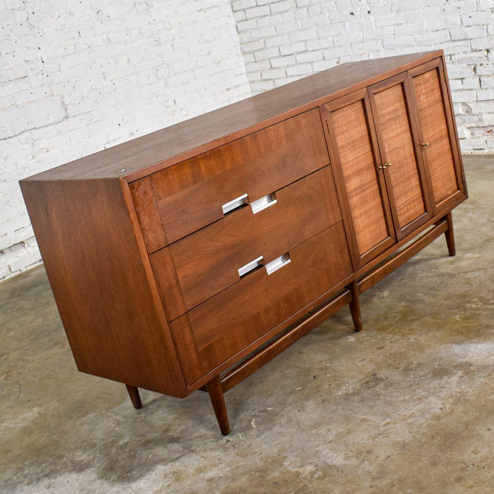 Mid-20th Century Mid-Century Modern Dresser American of Martinsville Accord Walnut & Cane w/ X’s & Asymmetric Handles