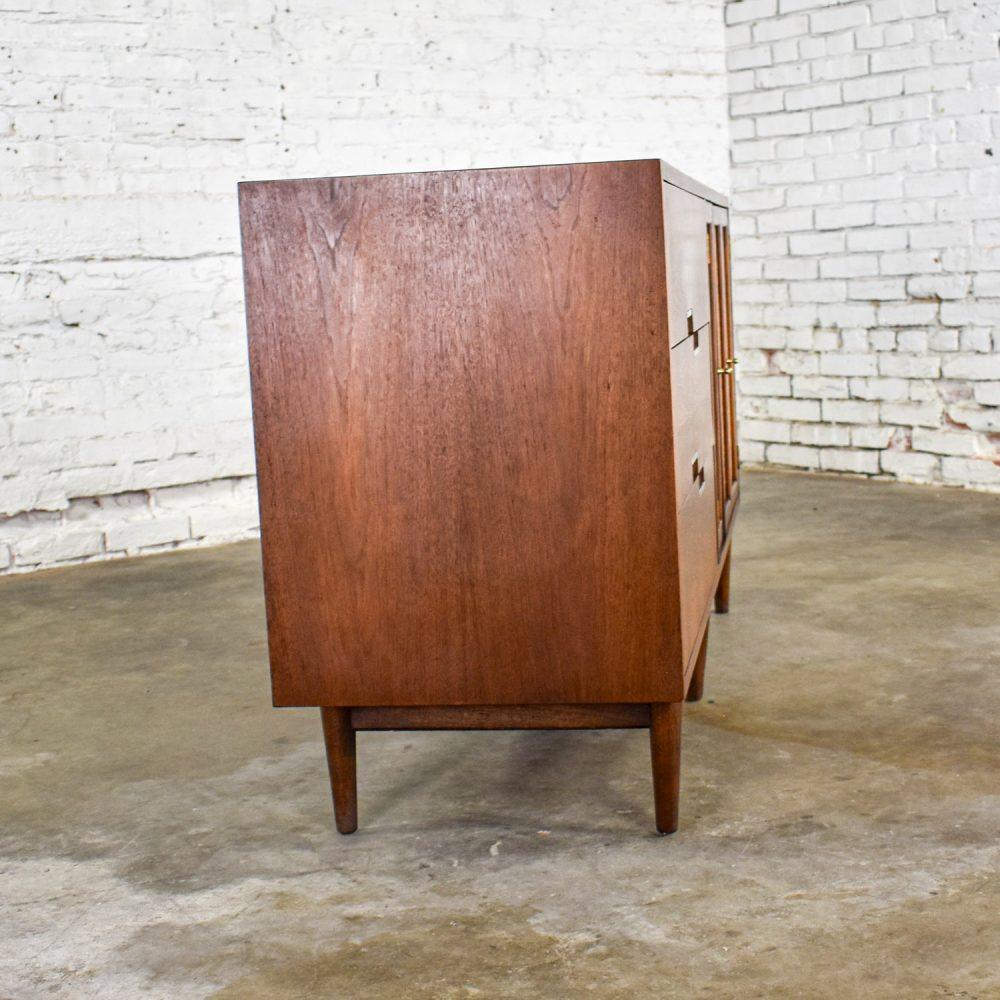 Mid-20th Century Mid-Century Modern Dresser American of Martinsville Accord Walnut & Cane w/ X’s & Asymmetric Handles