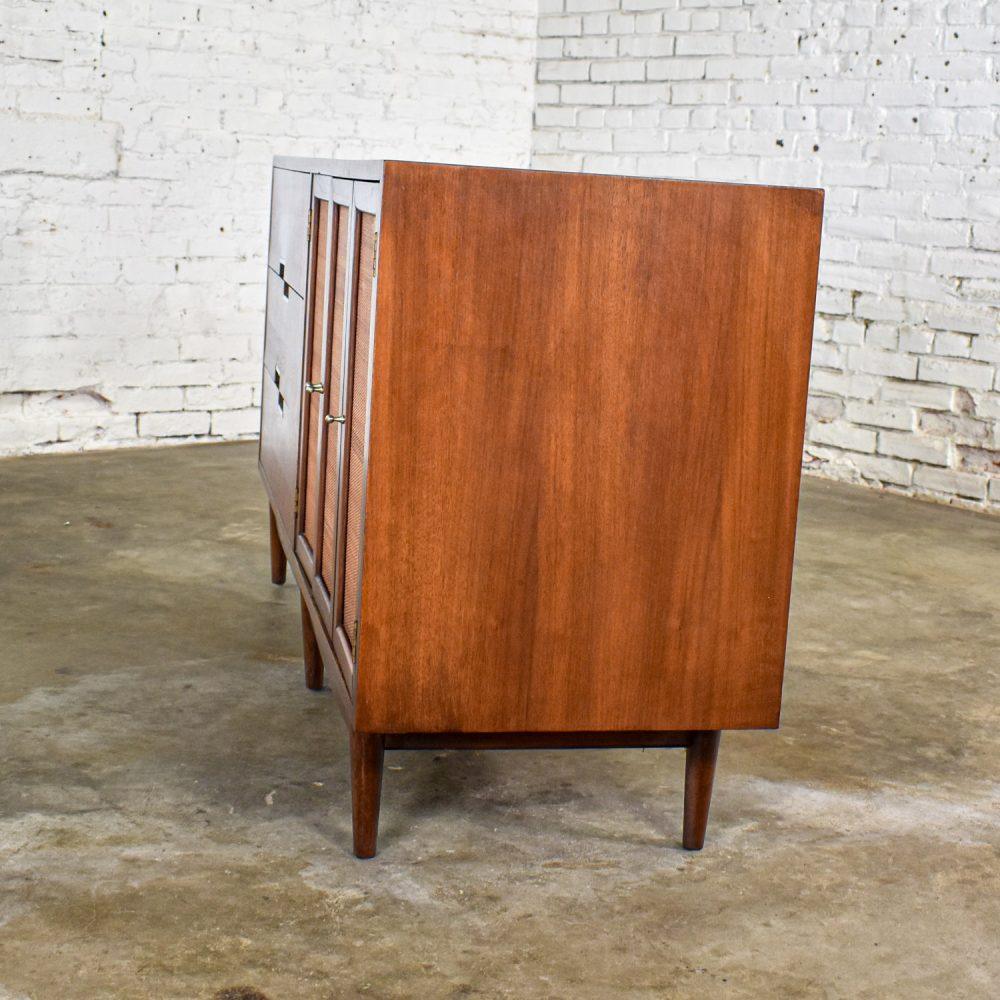 Mid-20th Century Mid-Century Modern Dresser American of Martinsville Accord Walnut & Cane w/ X’s & Asymmetric Handles