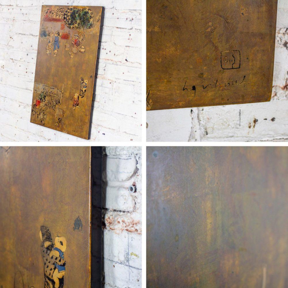 Mid to Late 20th Century Vietnamese Layered Lacquer Painting Gilt & Polychrome on Wood Village Scene Signed by Nguyen Van Minh
