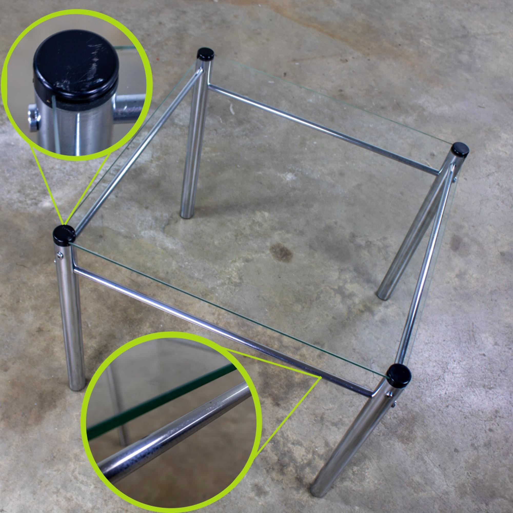 1970’s Modern Square End or Side Table by James David Cylindrical Chrome Tube Frame & Glass Top