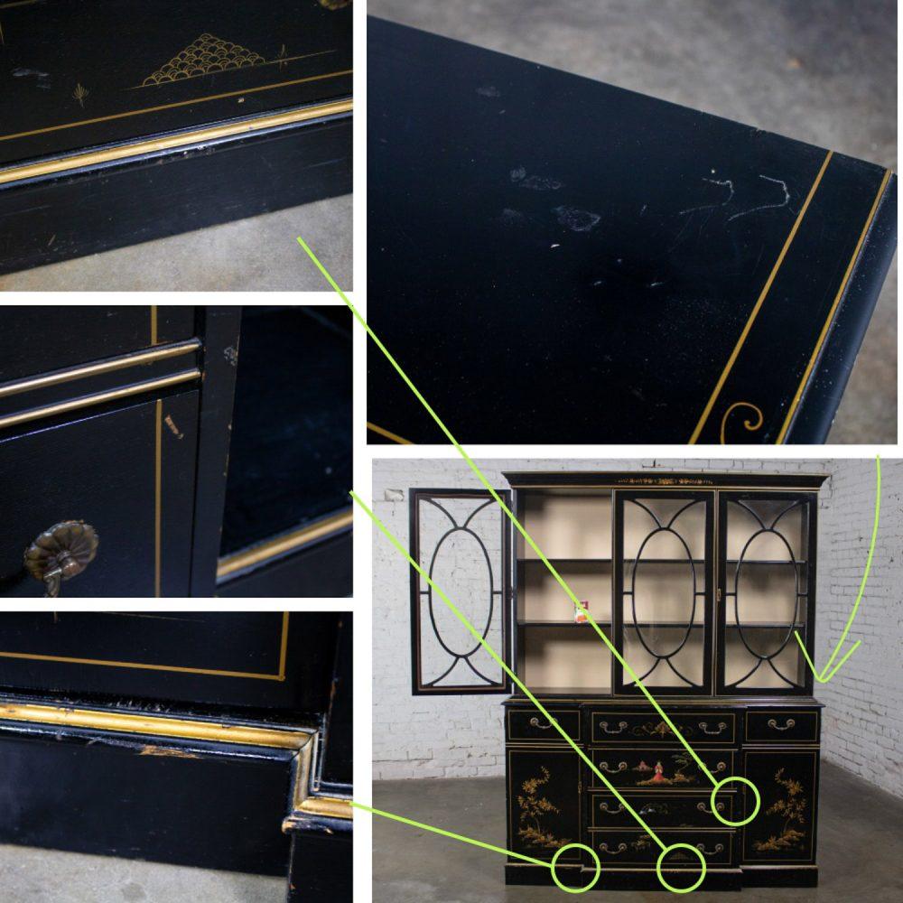 Mid-20th Century Chinoiserie Breakfront China Cabinet or Drop Front Secretary Bookcase Black Lacquer & Hand Painted Details
