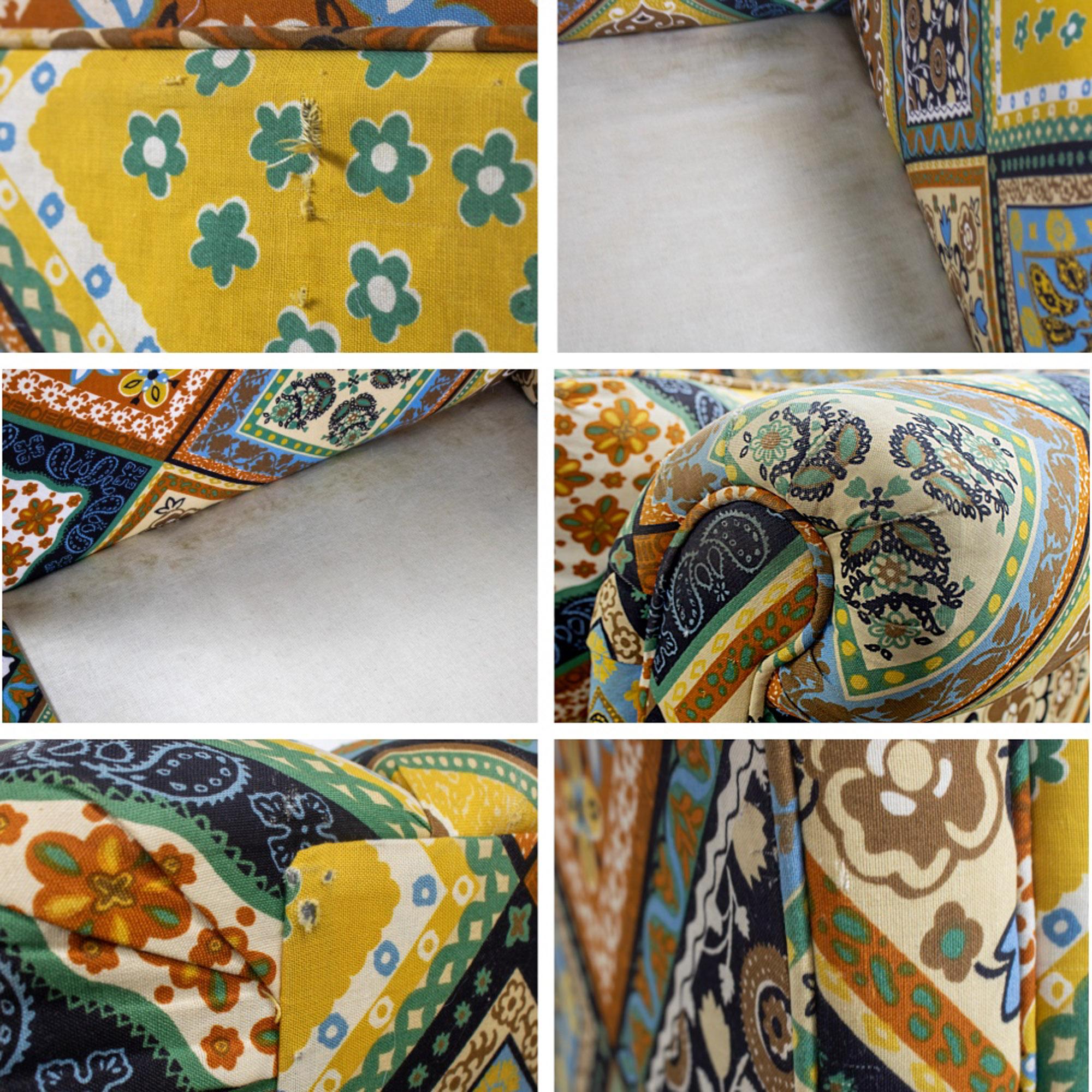 Late 20th Century Camelback Sofa w/Multicolored Patchwork Fabric & Tight Back by Rowe Furniture