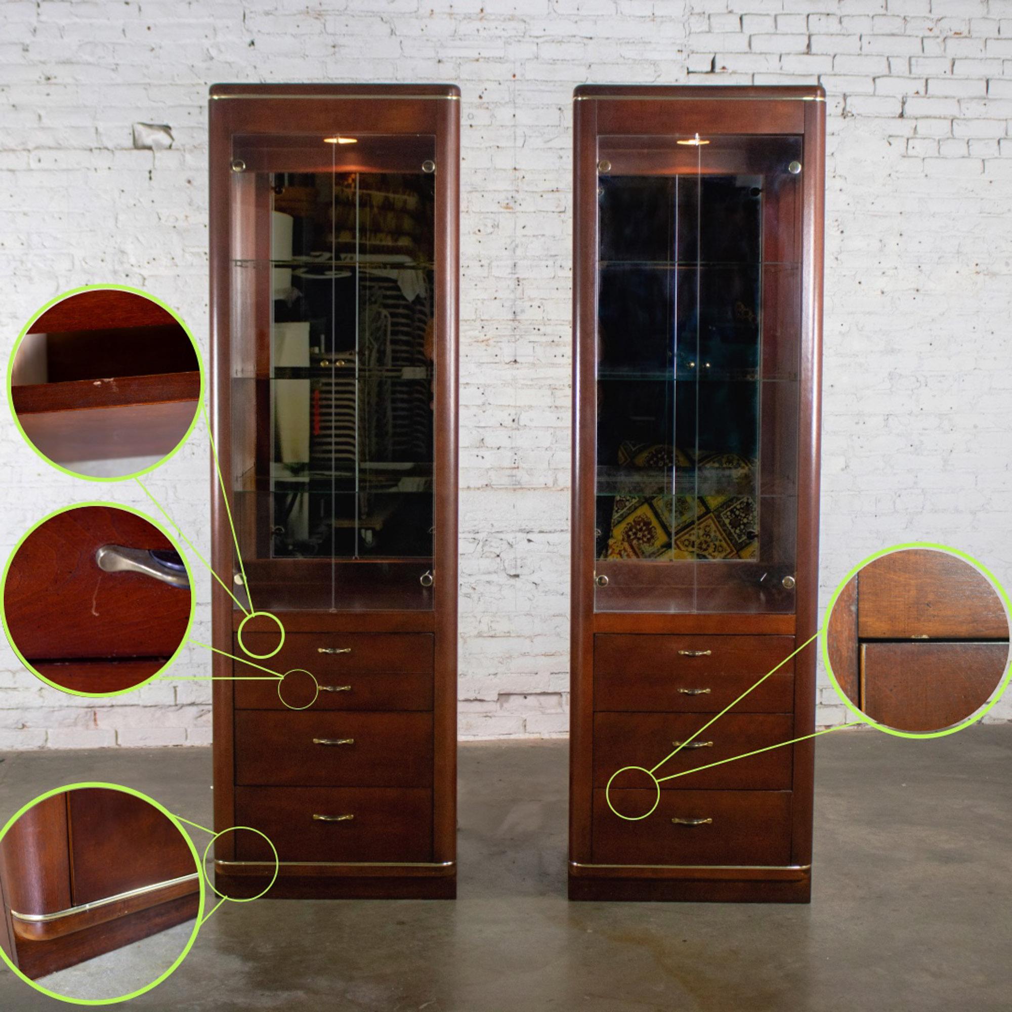 Late 20th Century Modern Pair Lighted Display Cabinets by Bassett Furniture Cherrywood & Brass