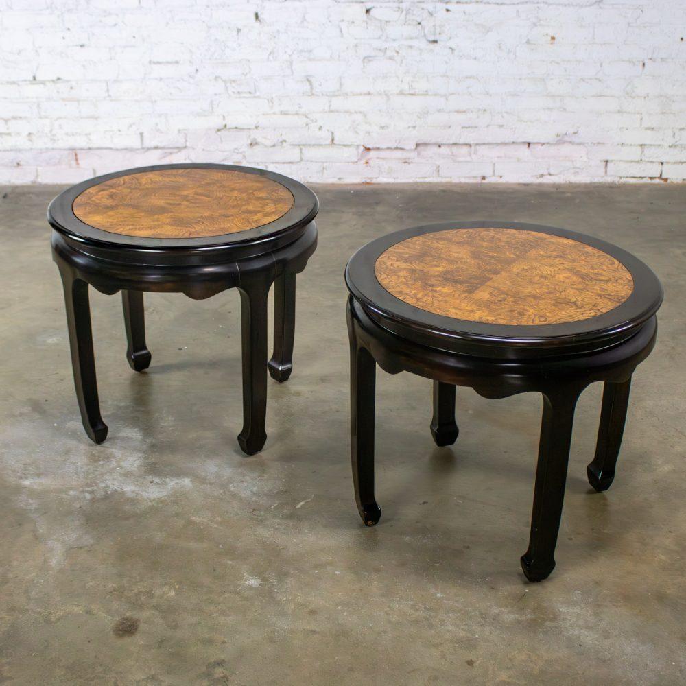 Late 20th Century Chinoiserie Pair of Round End Tables Ebony & Burl Chin Hua Collection by Raymond K. Sabota for Century Furniture
