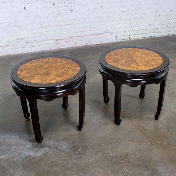 Late 20th Century Chinoiserie Pair of Round End Tables Ebony & Burl Chin Hua Collection by Raymond K. Sabota for Century Furniture