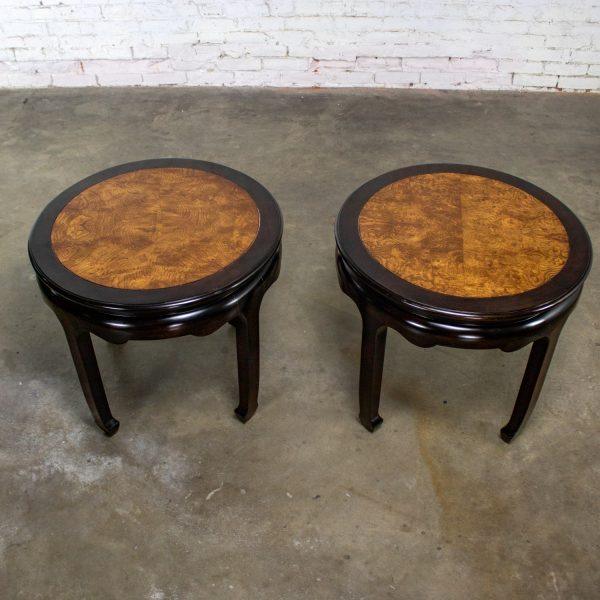 Late 20th Century Chinoiserie Pair of Round End Tables Ebony & Burl Chin Hua Collection by Raymond K. Sabota for Century Furniture