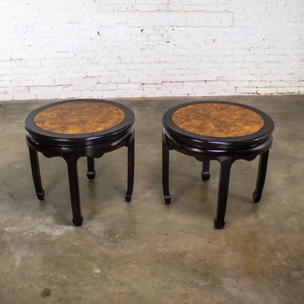 Late 20th Century Chinoiserie Pair of Round End Tables Ebony & Burl Chin Hua Collection by Raymond K. Sabota for Century Furniture