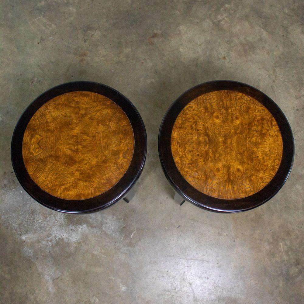 Late 20th Century Chinoiserie Pair of Round End Tables Ebony & Burl Chin Hua Collection by Raymond K. Sabota for Century Furniture