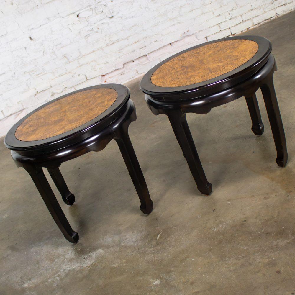 Late 20th Century Chinoiserie Pair of Round End Tables Ebony & Burl Chin Hua Collection by Raymond K. Sabota for Century Furniture
