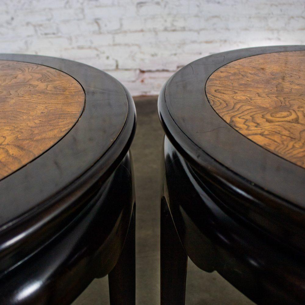 Late 20th Century Chinoiserie Pair of Round End Tables Ebony & Burl Chin Hua Collection by Raymond K. Sabota for Century Furniture