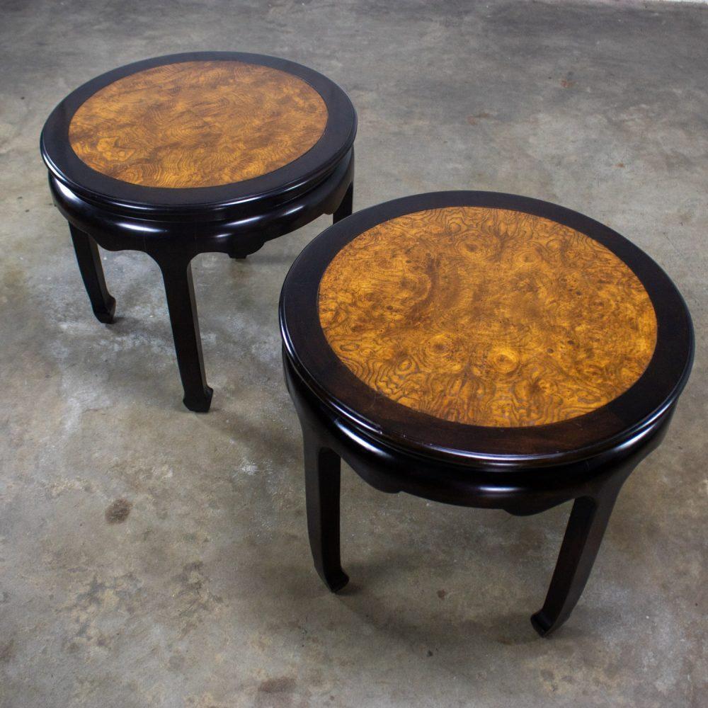 Late 20th Century Chinoiserie Pair of Round End Tables Ebony & Burl Chin Hua Collection by Raymond K. Sabota for Century Furniture