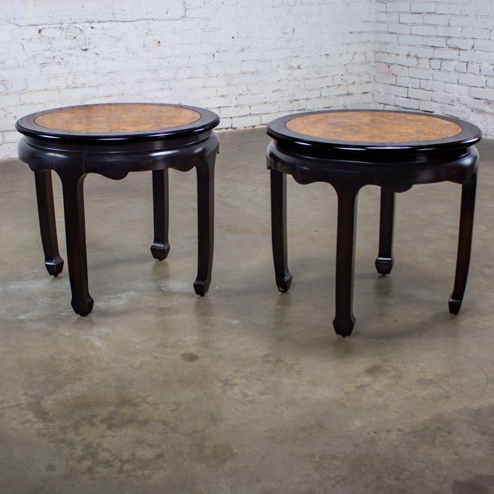 Late 20th Century Chinoiserie Pair of Round End Tables Ebony & Burl Chin Hua Collection by Raymond K. Sabota for Century Furniture