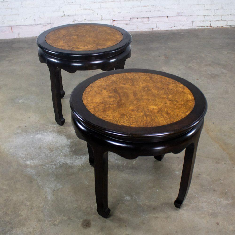 Late 20th Century Chinoiserie Pair of Round End Tables Ebony & Burl Chin Hua Collection by Raymond K. Sabota for Century Furniture