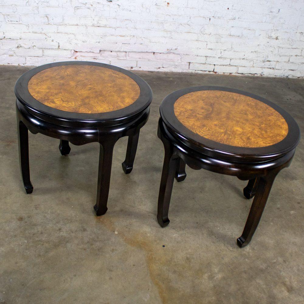 Late 20th Century Chinoiserie Pair of Round End Tables Ebony & Burl Chin Hua Collection by Raymond K. Sabota for Century Furniture