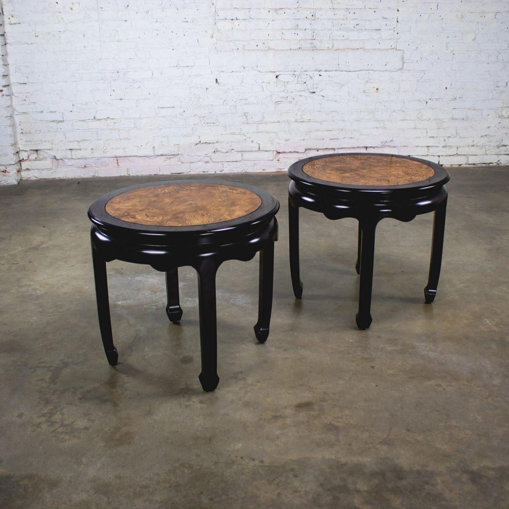 Late 20th Century Chinoiserie Pair of Round End Tables Ebony & Burl Chin Hua Collection by Raymond K. Sabota for Century Furniture