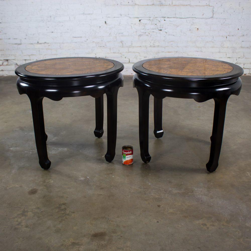 Late 20th Century Chinoiserie Pair of Round End Tables Ebony & Burl Chin Hua Collection by Raymond K. Sabota for Century Furniture
