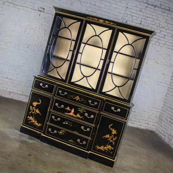 Mid-20th Century Chinoiserie Breakfront China Cabinet or Drop Front Secretary Bookcase Black Lacquer & Hand Painted Details