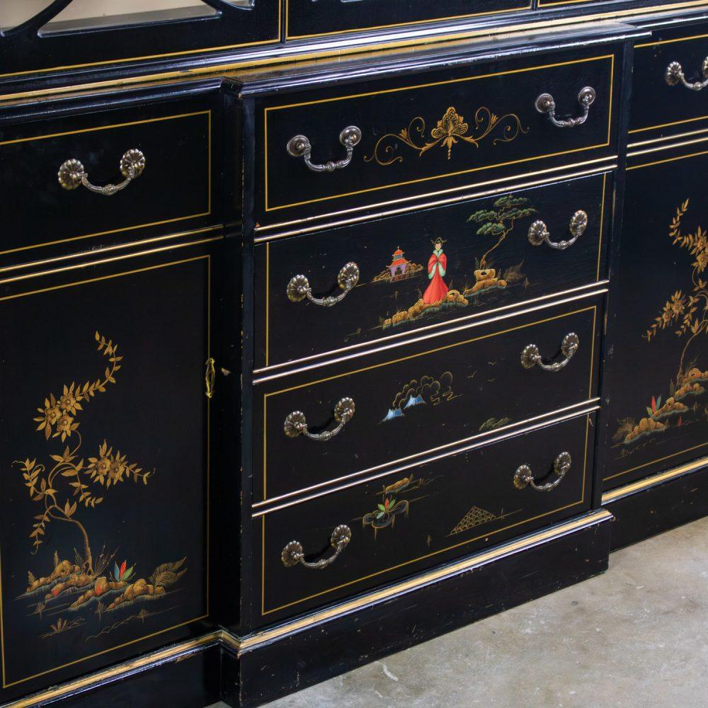 Mid-20th Century Chinoiserie Breakfront China Cabinet or Drop Front Secretary Bookcase Black Lacquer & Hand Painted Details
