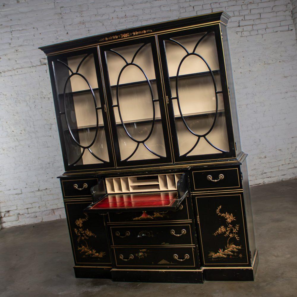 Mid-20th Century Chinoiserie Breakfront China Cabinet or Drop Front Secretary Bookcase Black Lacquer & Hand Painted Details