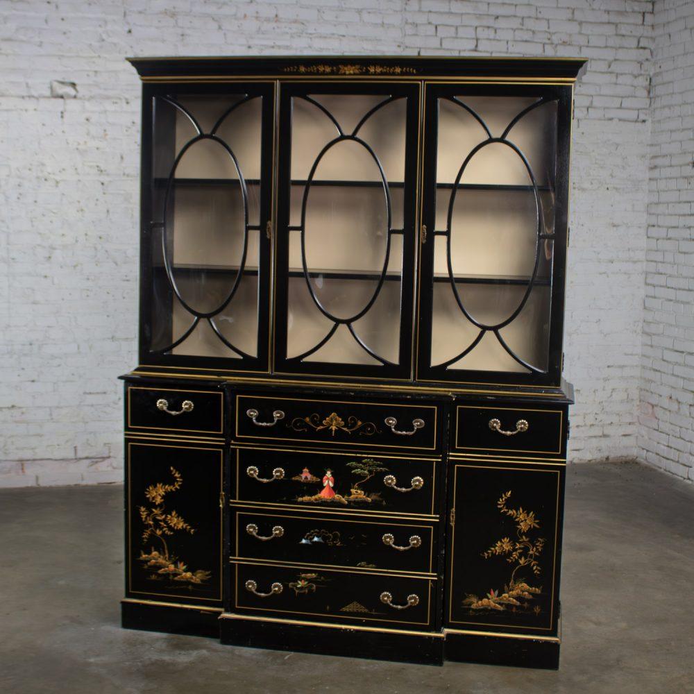 Mid-20th Century Chinoiserie Breakfront China Cabinet or Drop Front Secretary Bookcase Black Lacquer & Hand Painted Details
