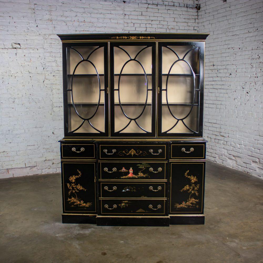 Mid-20th Century Chinoiserie Breakfront China Cabinet or Drop Front Secretary Bookcase Black Lacquer & Hand Painted Details