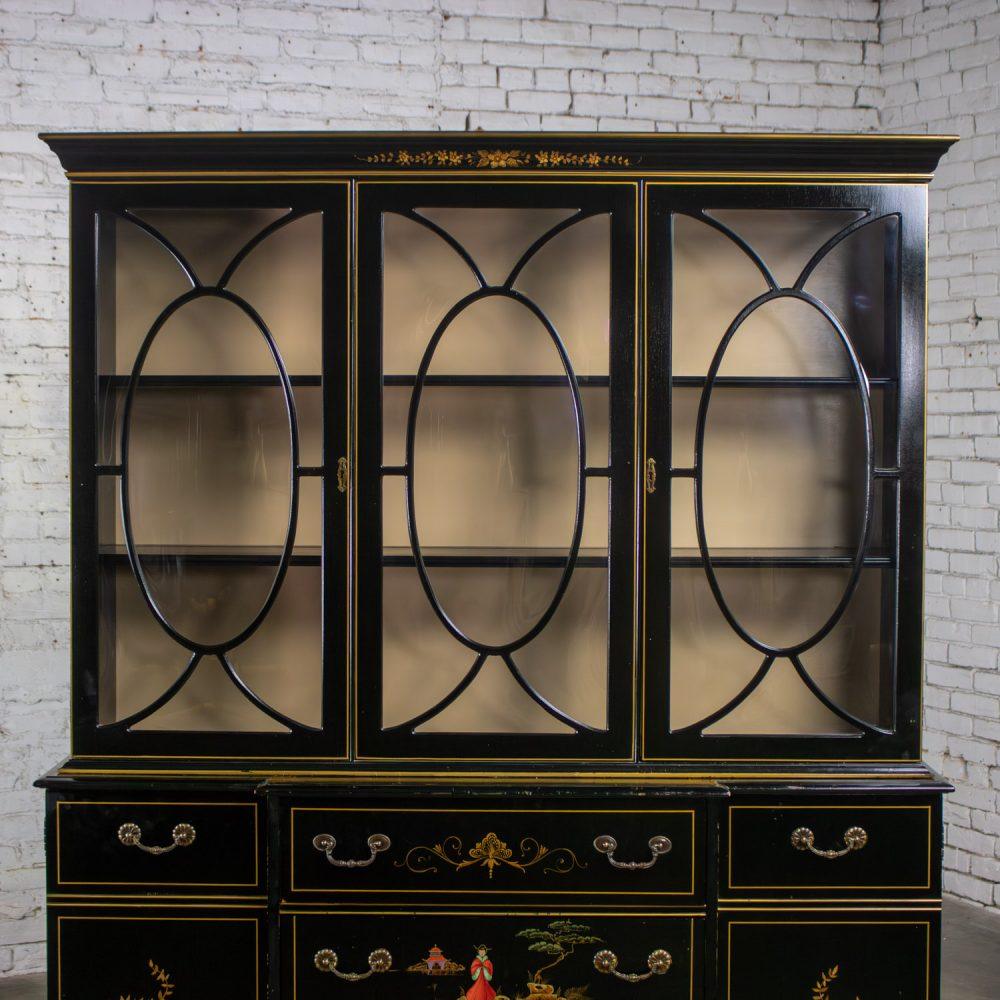 Mid-20th Century Chinoiserie Breakfront China Cabinet or Drop Front Secretary Bookcase Black Lacquer & Hand Painted Details
