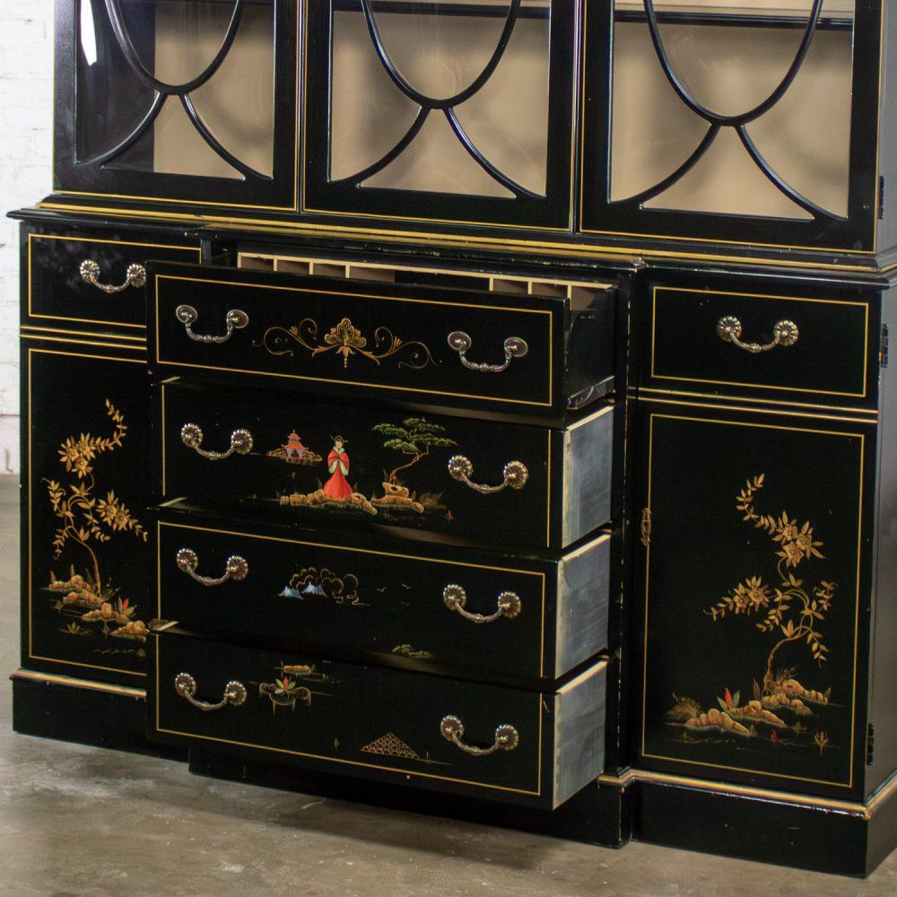 Mid-20th Century Chinoiserie Breakfront China Cabinet or Drop Front Secretary Bookcase Black Lacquer & Hand Painted Details