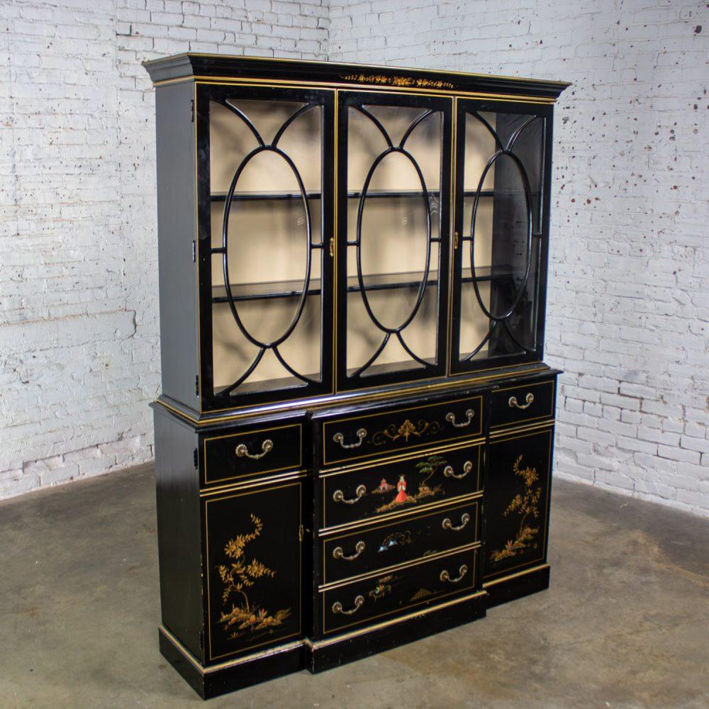 Mid-20th Century Chinoiserie Breakfront China Cabinet or Drop Front Secretary Bookcase Black Lacquer & Hand Painted Details