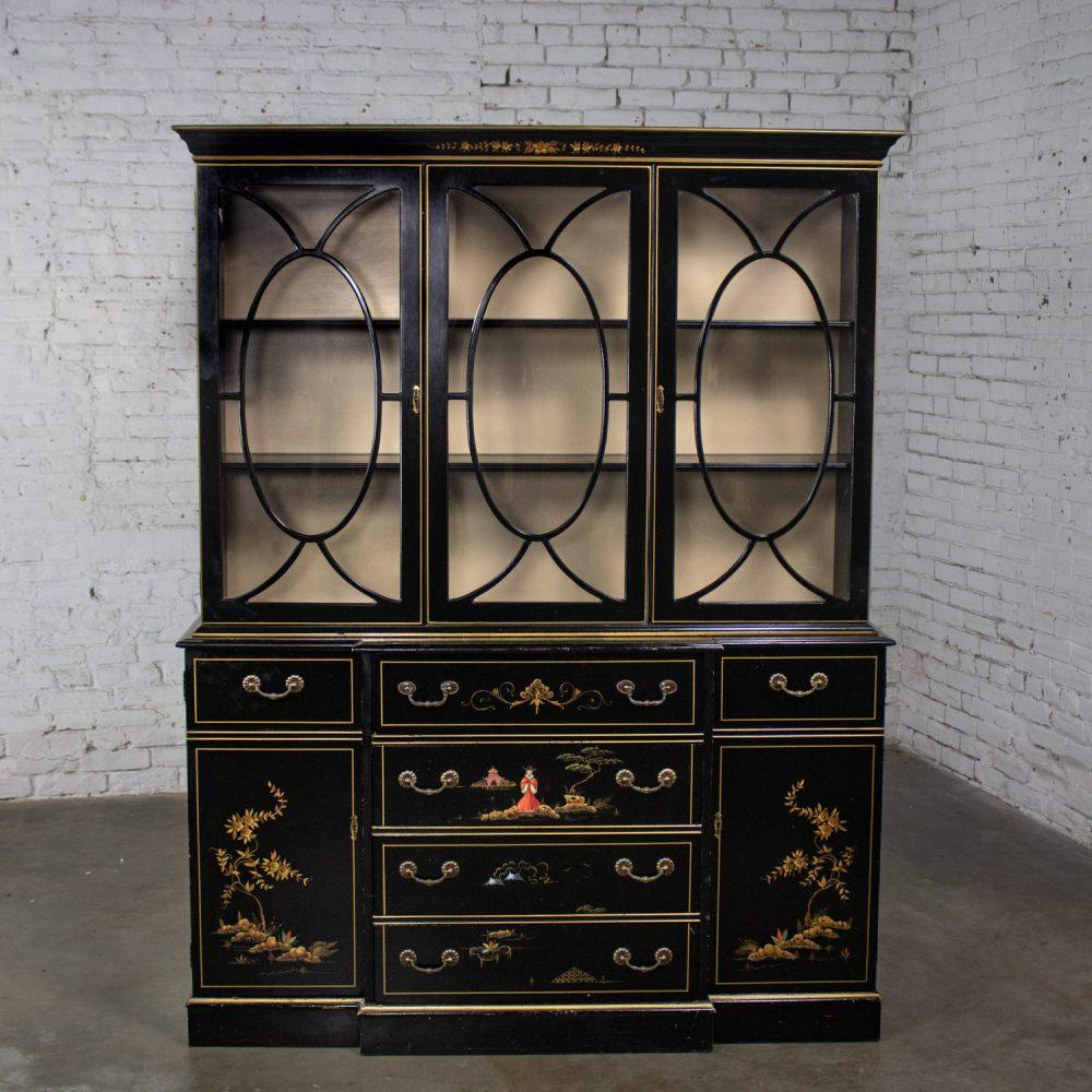 Mid-20th Century Chinoiserie Breakfront China Cabinet or Drop Front Secretary Bookcase Black Lacquer & Hand Painted Details