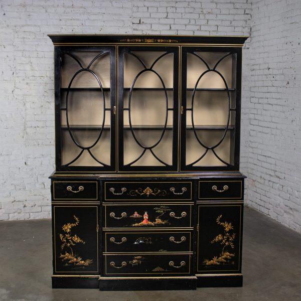 Mid-20th Century Chinoiserie Breakfront China Cabinet or Drop Front Secretary Bookcase Black Lacquer & Hand Painted Details