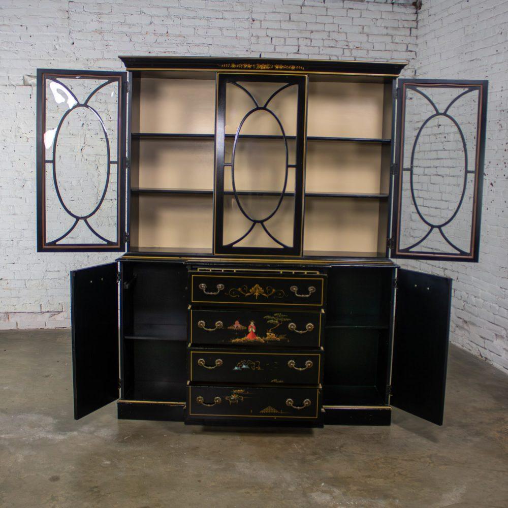 Mid-20th Century Chinoiserie Breakfront China Cabinet or Drop Front Secretary Bookcase Black Lacquer & Hand Painted Details