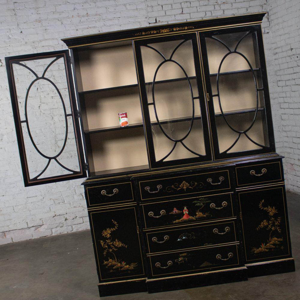 Mid-20th Century Chinoiserie Breakfront China Cabinet or Drop Front Secretary Bookcase Black Lacquer & Hand Painted Details