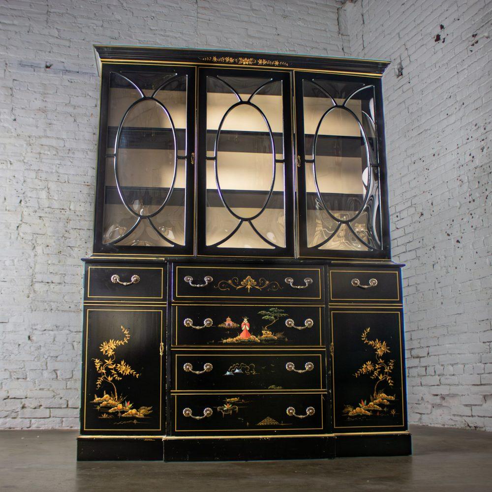 Mid-20th Century Chinoiserie Breakfront China Cabinet or Drop Front Secretary Bookcase Black Lacquer & Hand Painted Details