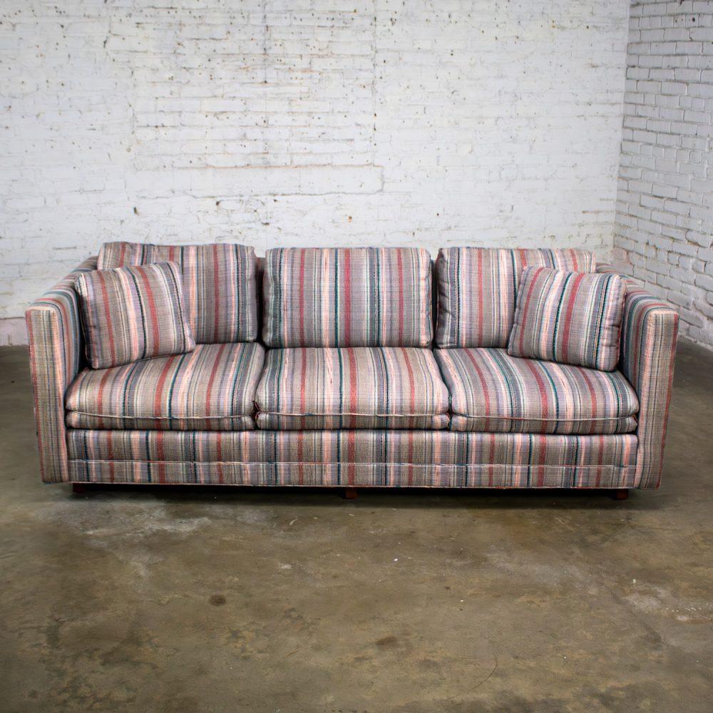 1987 Modern Tuxedo Style Sofa by Thomasville Navy, Gray, Lavender, & Red Striped Upholstery