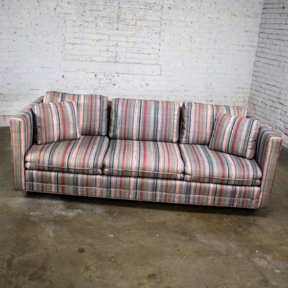 1987 Modern Tuxedo Style Sofa by Thomasville Navy, Gray, Lavender, & Red Striped Upholstery